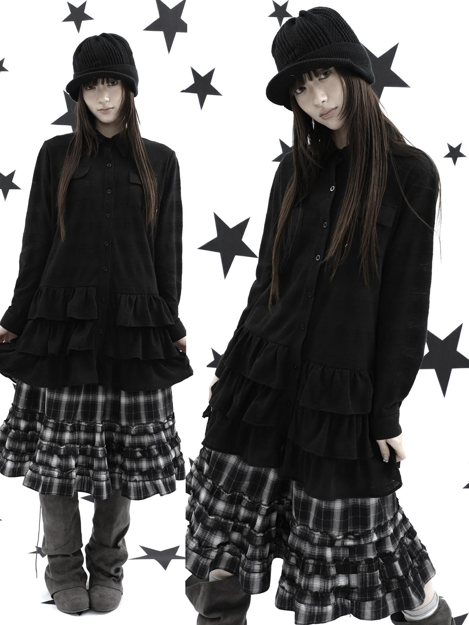 ang project Ruffle Tiered Hem Lapel Collar Mid Length Loose Long Sleeve Women&
