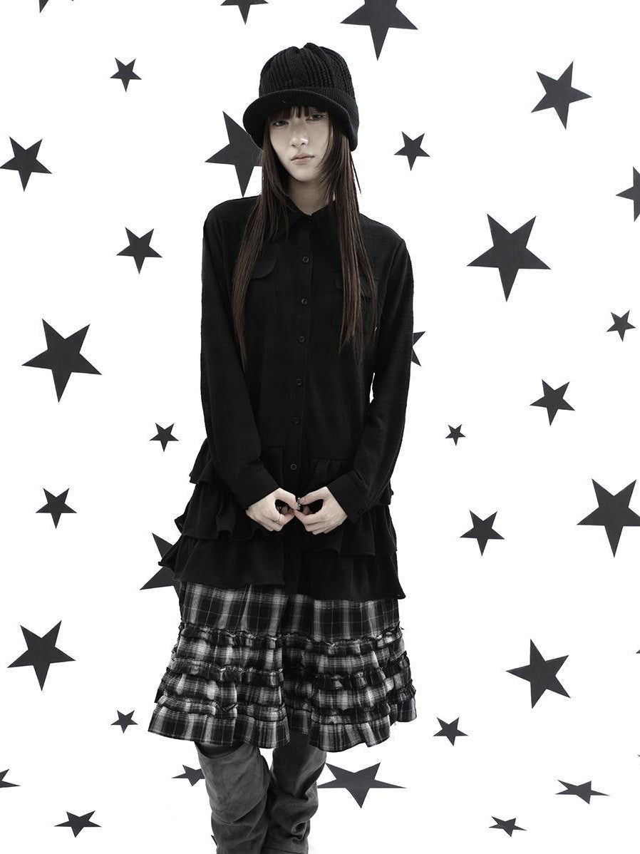 ang project Ruffle Tiered Hem Lapel Collar Mid Length Loose Long Sleeve Women&