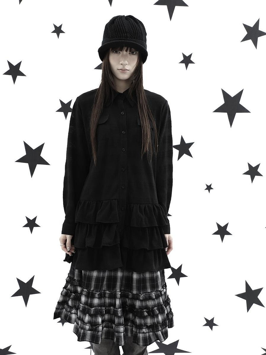 ang project Ruffle Tiered Hem Lapel Collar Mid Length Loose Long Sleeve Women&