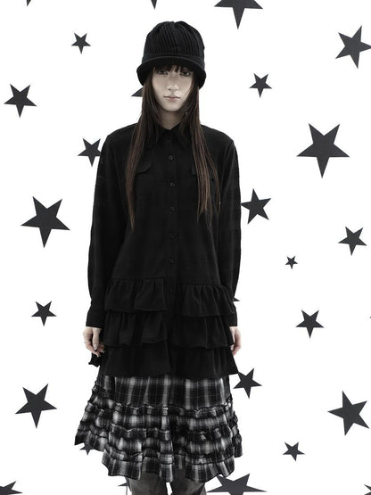 ang project Ruffle Tiered Hem Lapel Collar Mid Length Loose Long Sleeve Women&