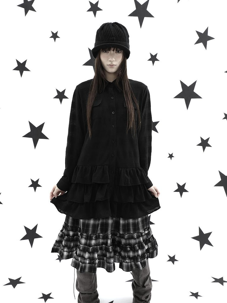 ang project Ruffle Tiered Hem Lapel Collar Mid Length Loose Long Sleeve Women&
