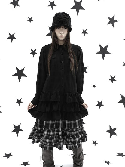 ang project Ruffle Tiered Hem Lapel Collar Mid Length Loose Long Sleeve Women&