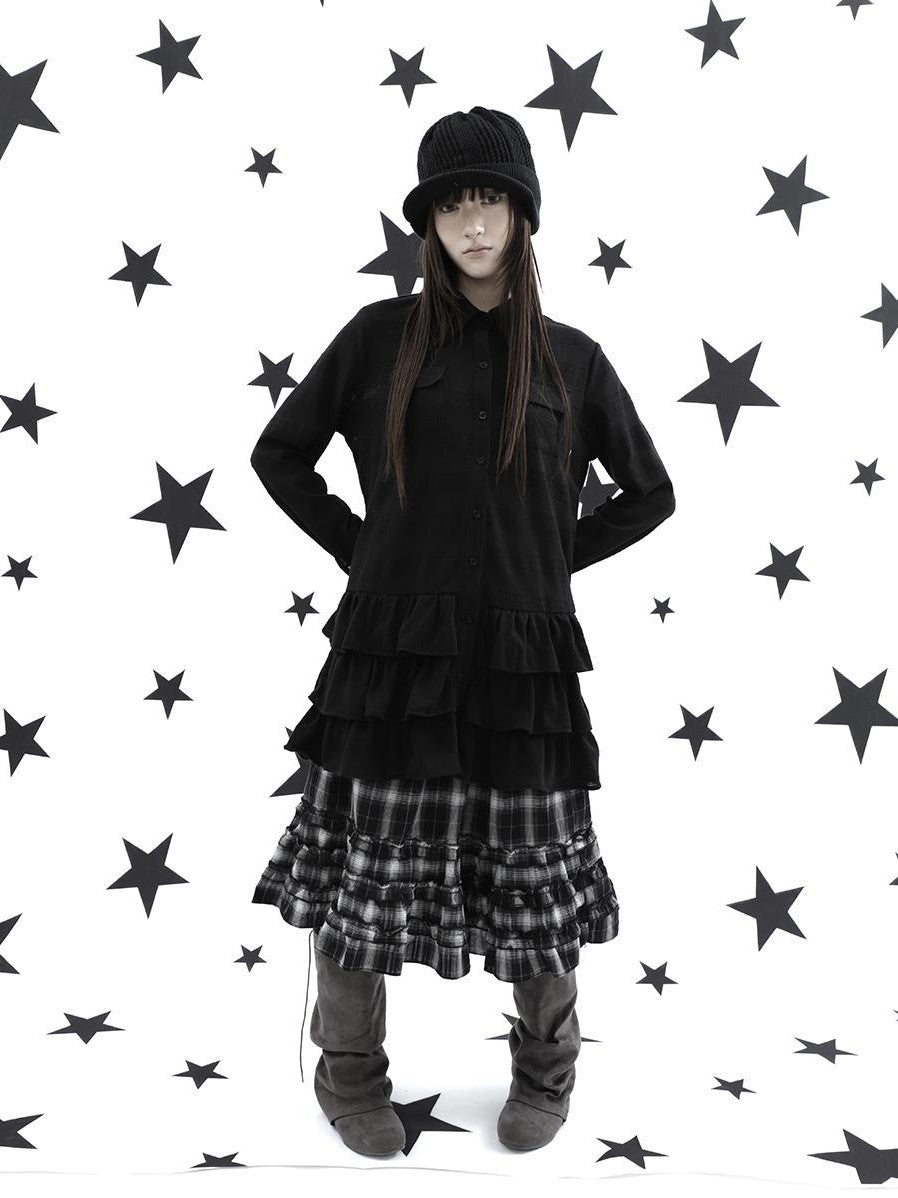 ang project Ruffle Tiered Hem Lapel Collar Mid Length Loose Long Sleeve Women&