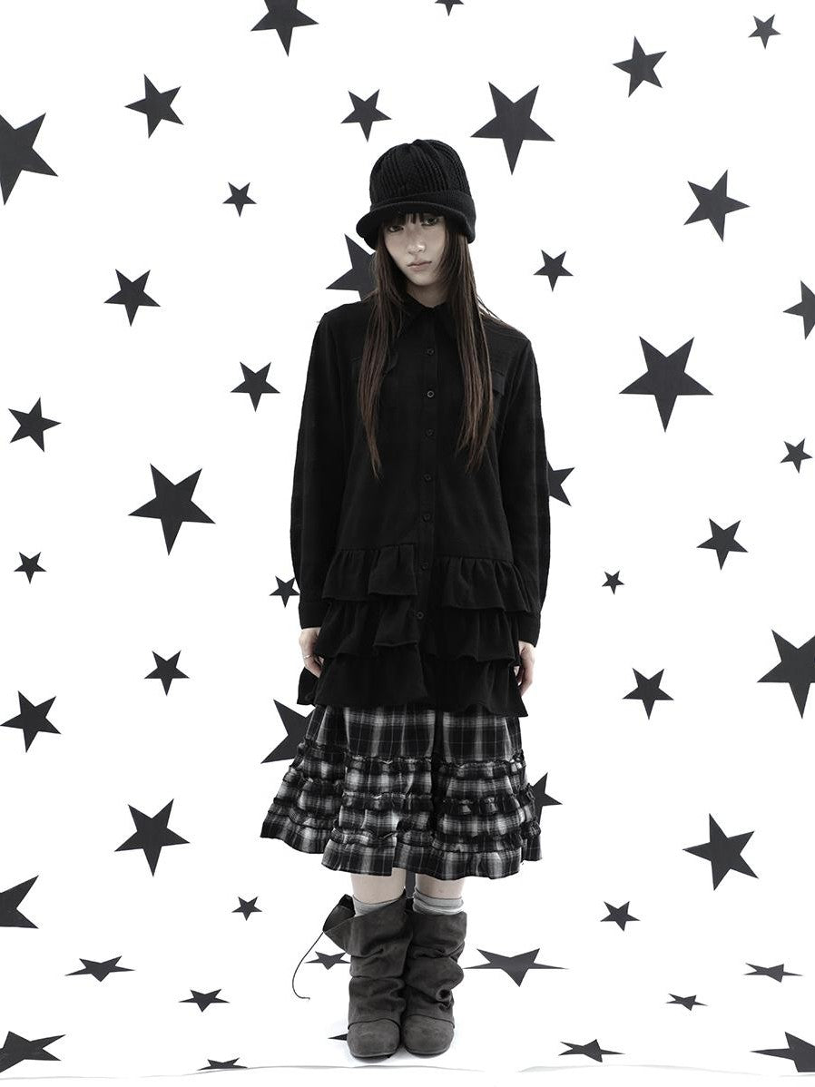 ang project Ruffle Tiered Hem Lapel Collar Mid Length Loose Long Sleeve Women&