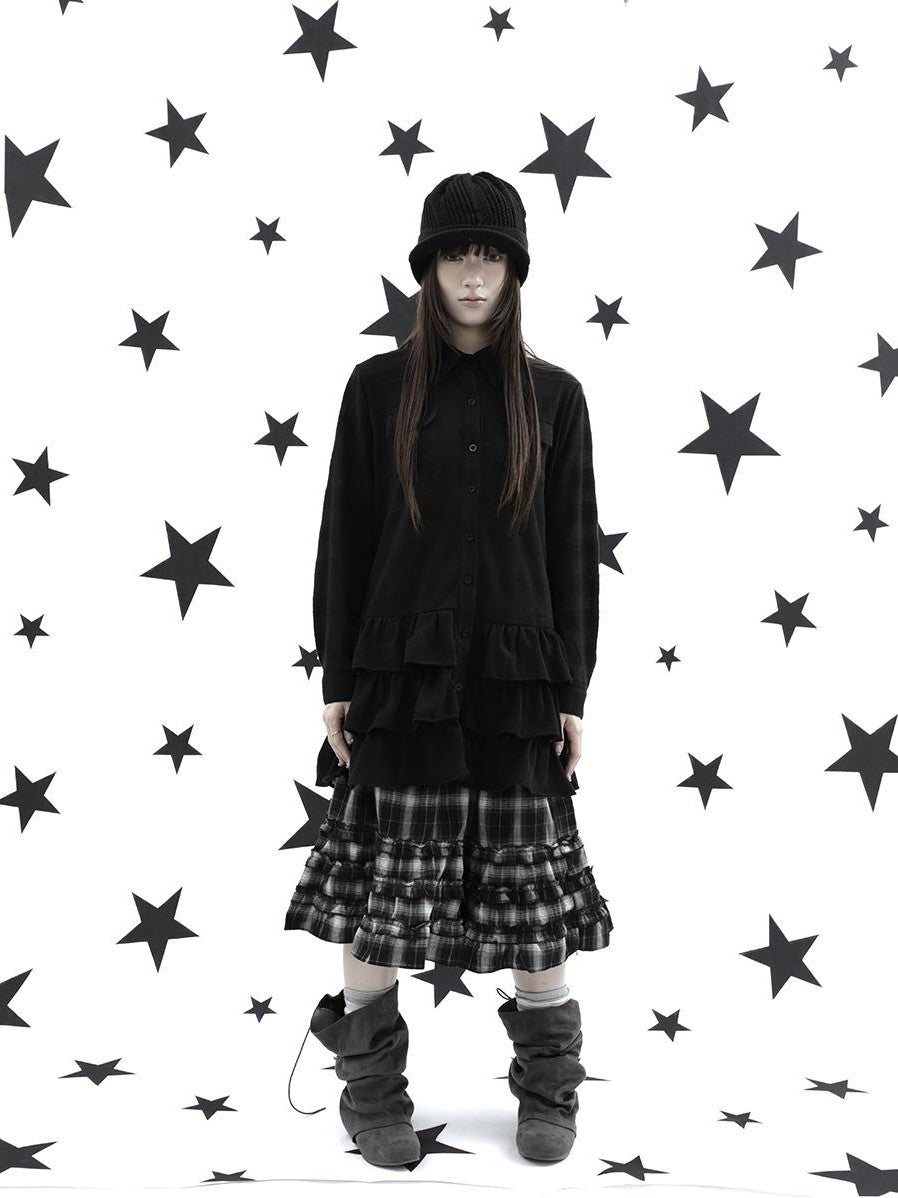 ang project Ruffle Tiered Hem Lapel Collar Mid Length Loose Long Sleeve Women&