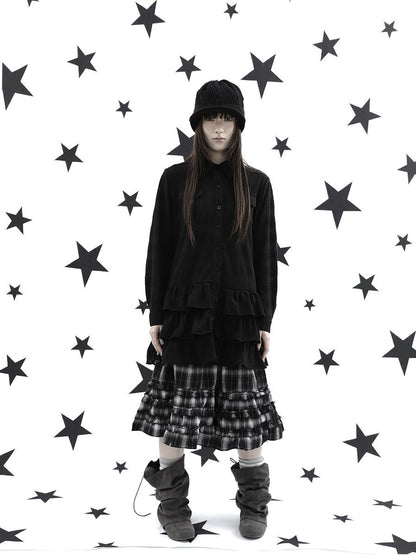ang project Ruffle Tiered Hem Lapel Collar Mid Length Loose Long Sleeve Women&
