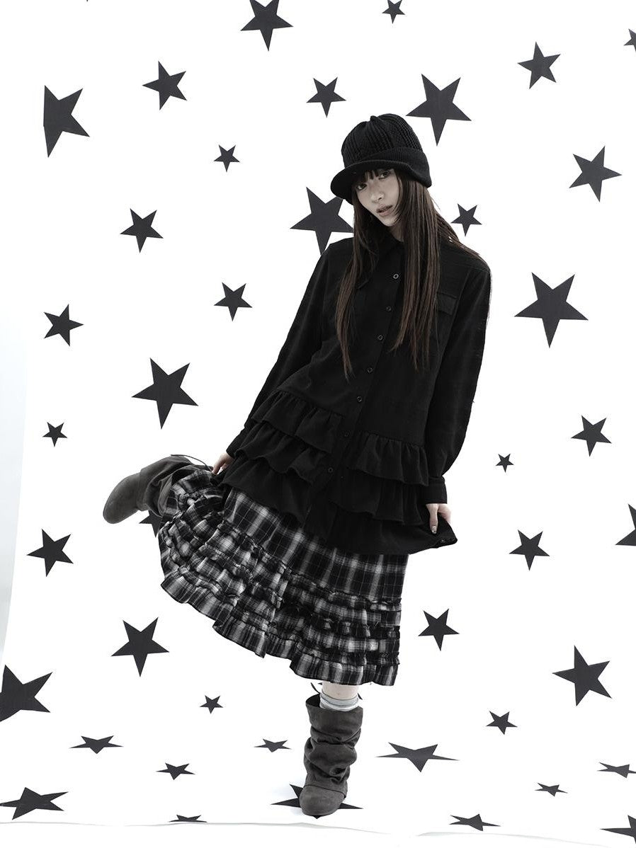 ang project Ruffle Tiered Hem Lapel Collar Mid Length Loose Long Sleeve Women&