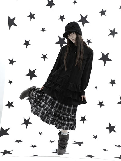 ang project Ruffle Tiered Hem Lapel Collar Mid Length Loose Long Sleeve Women&