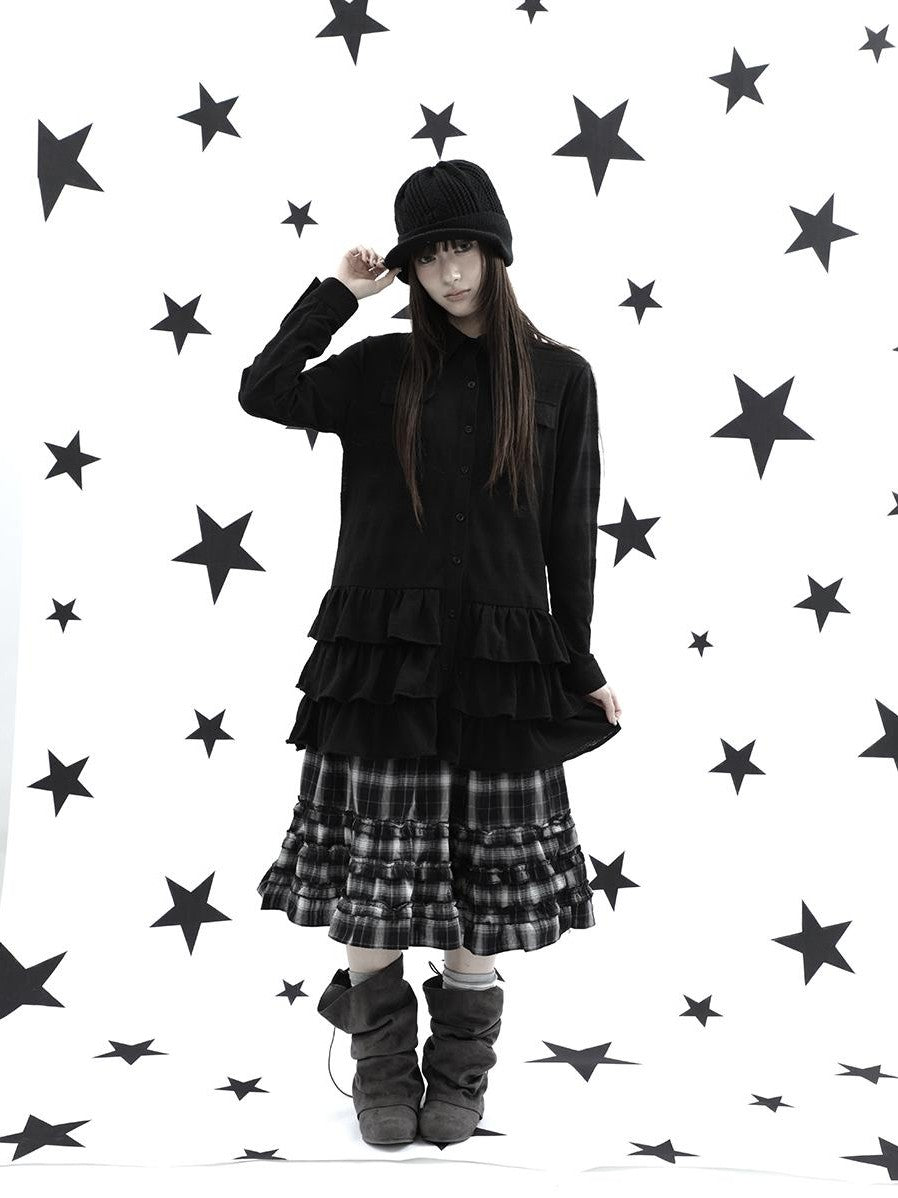 ang project Ruffle Tiered Hem Lapel Collar Mid Length Loose Long Sleeve Women&