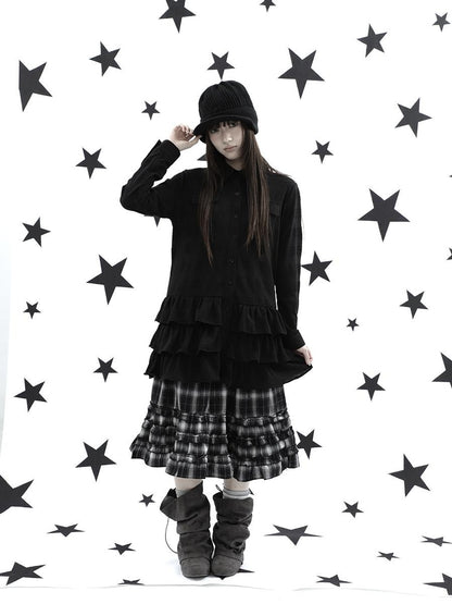 ang project Ruffle Tiered Hem Lapel Collar Mid Length Loose Long Sleeve Women&