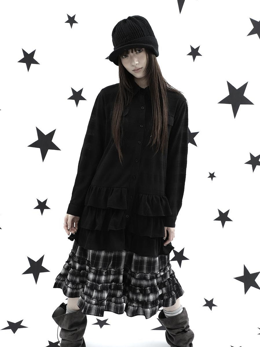 ang project Ruffle Tiered Hem Lapel Collar Mid Length Loose Long Sleeve Women&