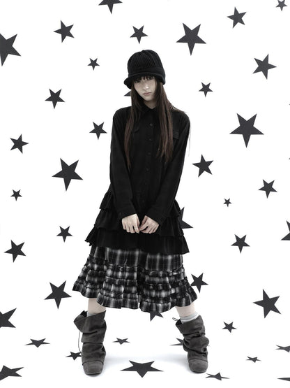 ang project Ruffle Tiered Hem Lapel Collar Mid Length Loose Long Sleeve Women&