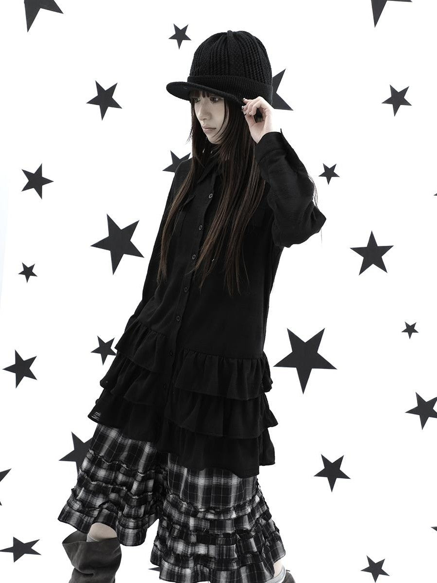 ang project Ruffle Tiered Hem Lapel Collar Mid Length Loose Long Sleeve Women&