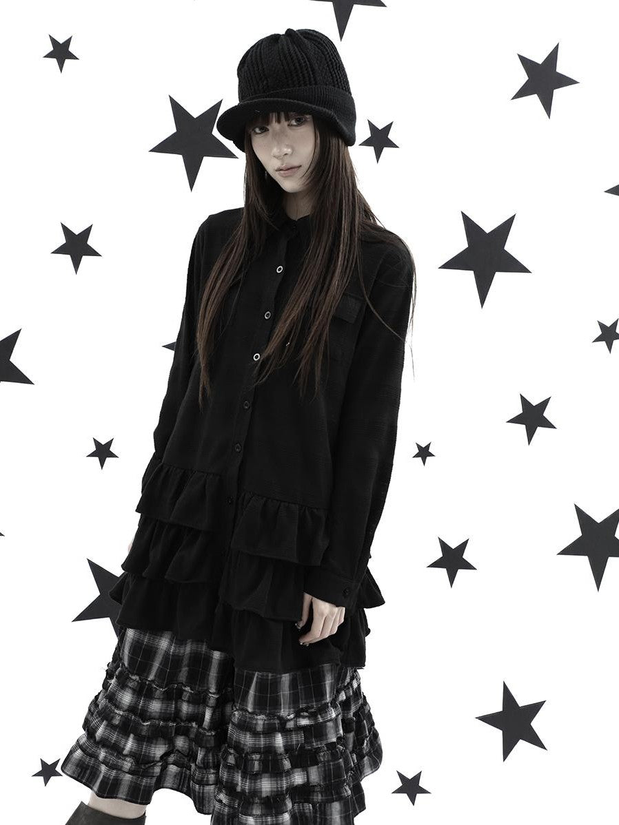 ang project Ruffle Tiered Hem Lapel Collar Mid Length Loose Long Sleeve Women&