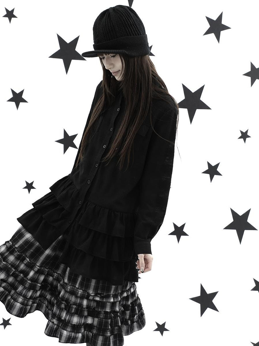 ang project Ruffle Tiered Hem Lapel Collar Mid Length Loose Long Sleeve Women&