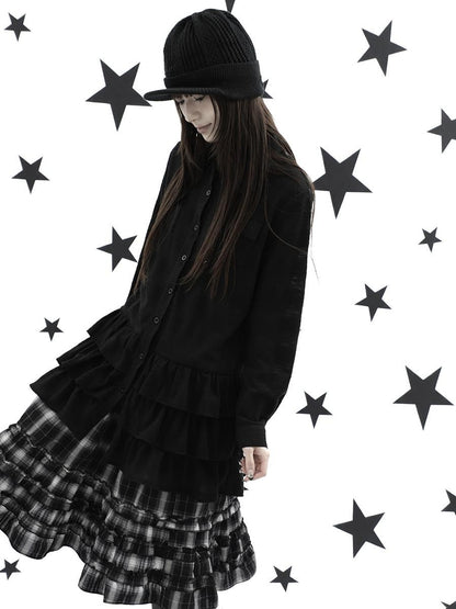 ang project Ruffle Tiered Hem Lapel Collar Mid Length Loose Long Sleeve Women&