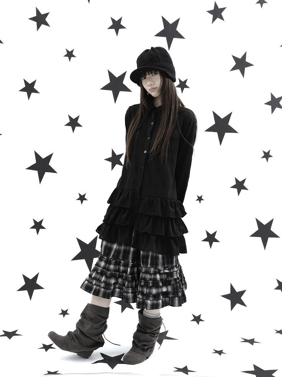 ang project Ruffle Tiered Hem Lapel Collar Mid Length Loose Long Sleeve Women&