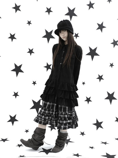 ang project Ruffle Tiered Hem Lapel Collar Mid Length Loose Long Sleeve Women&