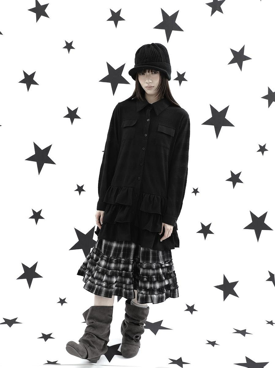 ang project Ruffle Tiered Hem Lapel Collar Mid Length Loose Long Sleeve Women&