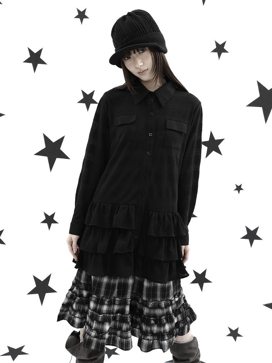 ang project Ruffle Tiered Hem Lapel Collar Mid Length Loose Long Sleeve Women&