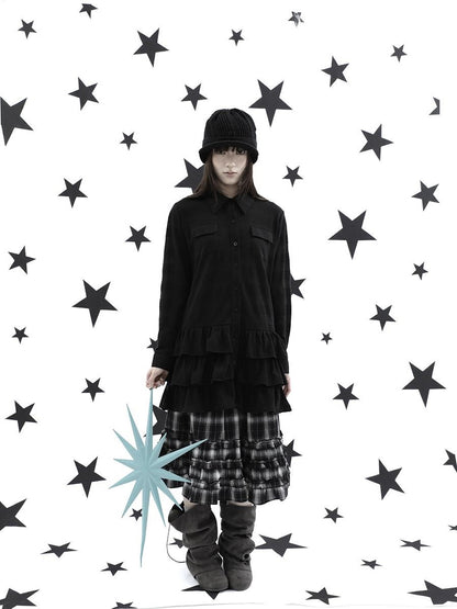 ang project Ruffle Tiered Hem Lapel Collar Mid Length Loose Long Sleeve Women&