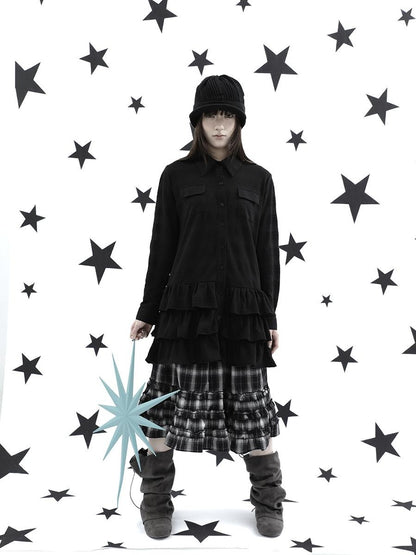 ang project Ruffle Tiered Hem Lapel Collar Mid Length Loose Long Sleeve Women&
