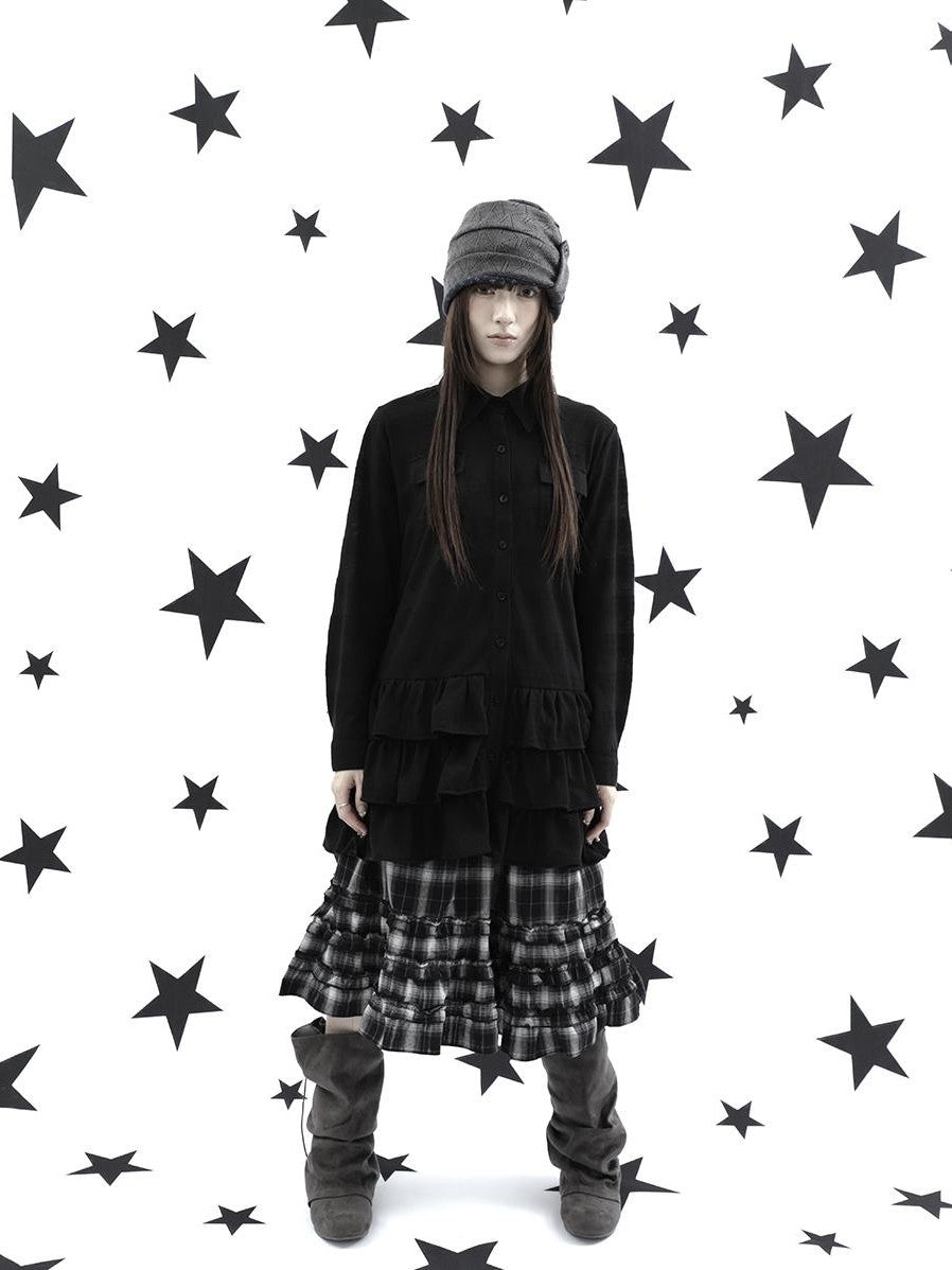 ang project Ruffle Tiered Hem Lapel Collar Mid Length Loose Long Sleeve Women&