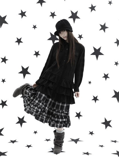ang project Ruffle Tiered Hem Lapel Collar Mid Length Loose Long Sleeve Women&