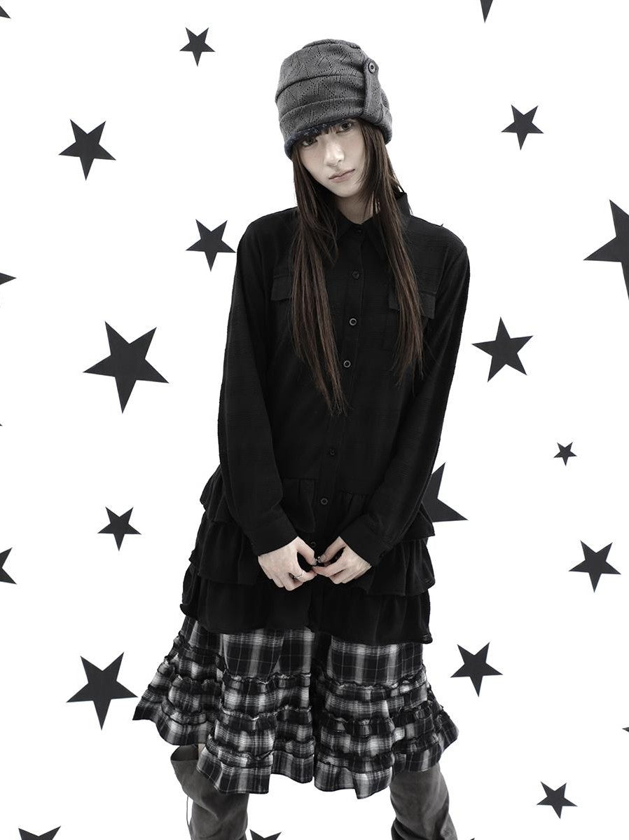 ang project Ruffle Tiered Hem Lapel Collar Mid Length Loose Long Sleeve Women&