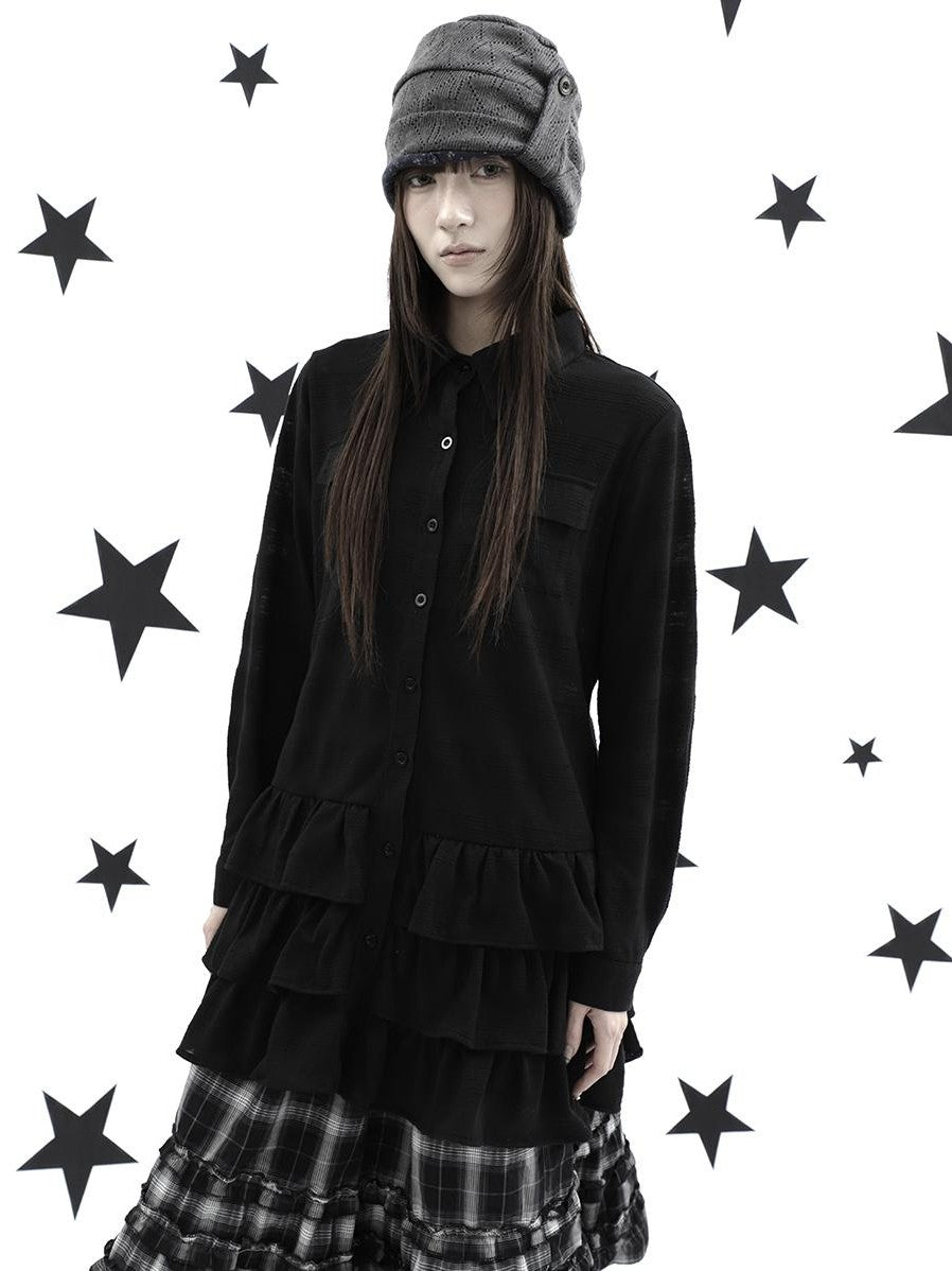 ang project Ruffle Tiered Hem Lapel Collar Mid Length Loose Long Sleeve Women&