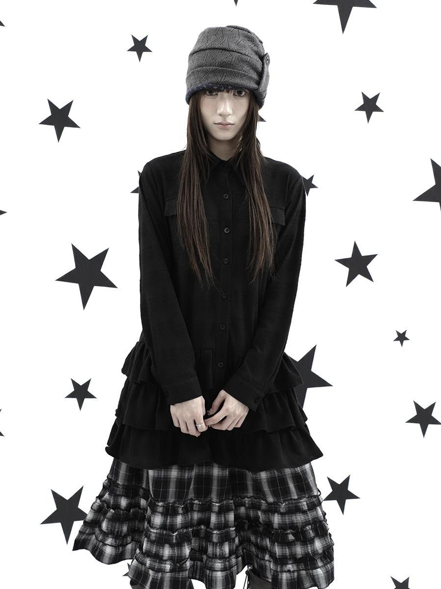 ang project Ruffle Tiered Hem Lapel Collar Mid Length Loose Long Sleeve Women&