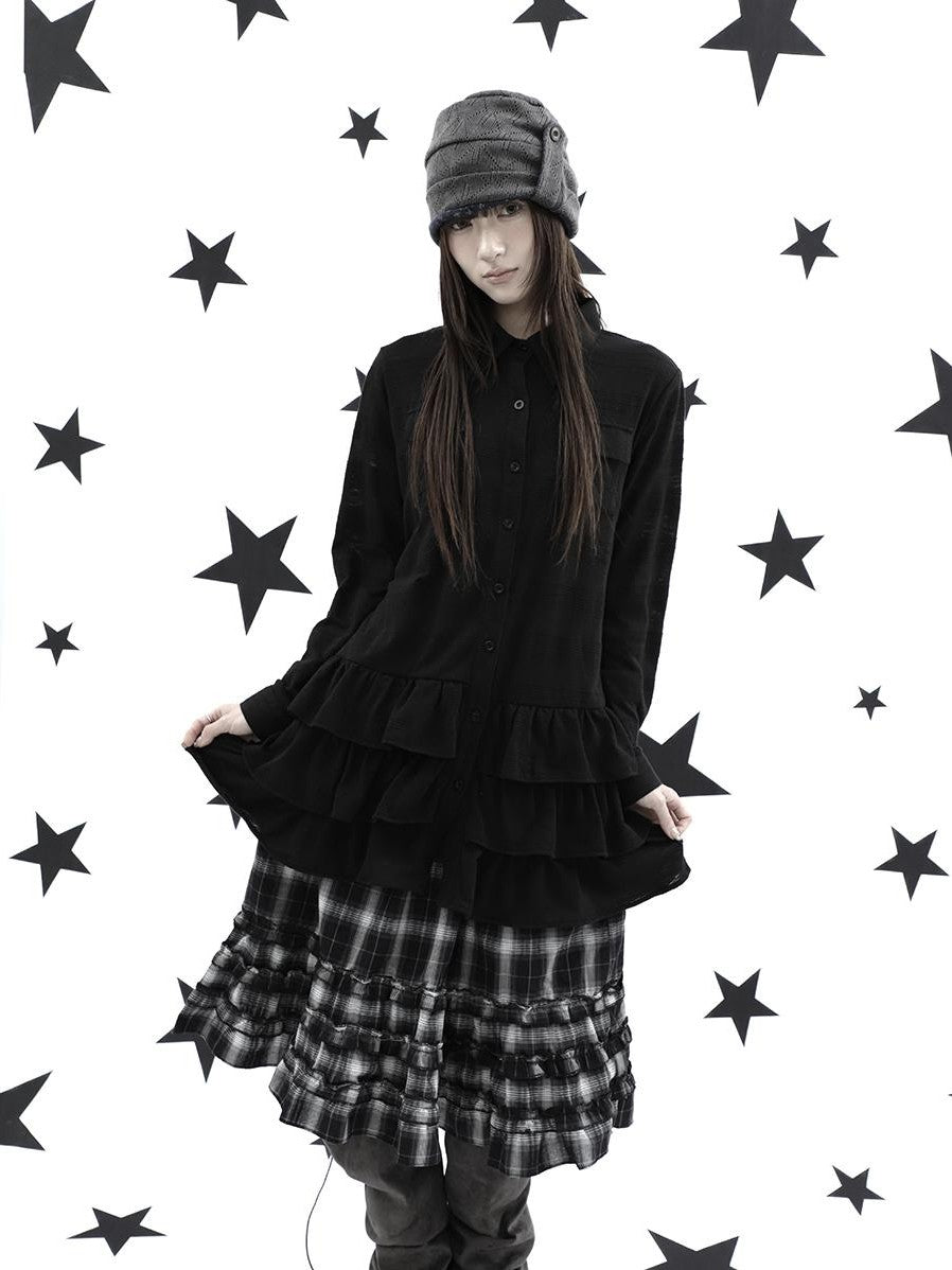 ang project Ruffle Tiered Hem Lapel Collar Mid Length Loose Long Sleeve Women&