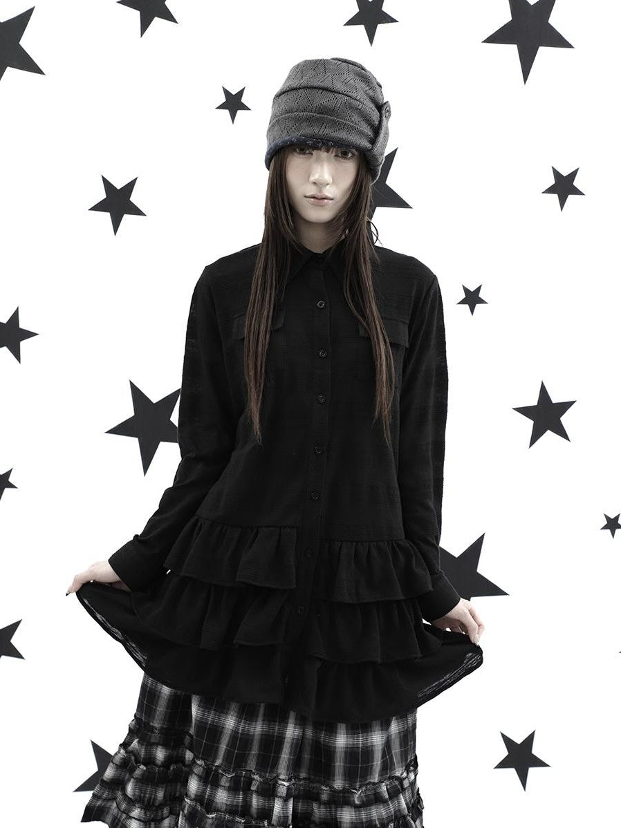 ang project Ruffle Tiered Hem Lapel Collar Mid Length Loose Long Sleeve Women&