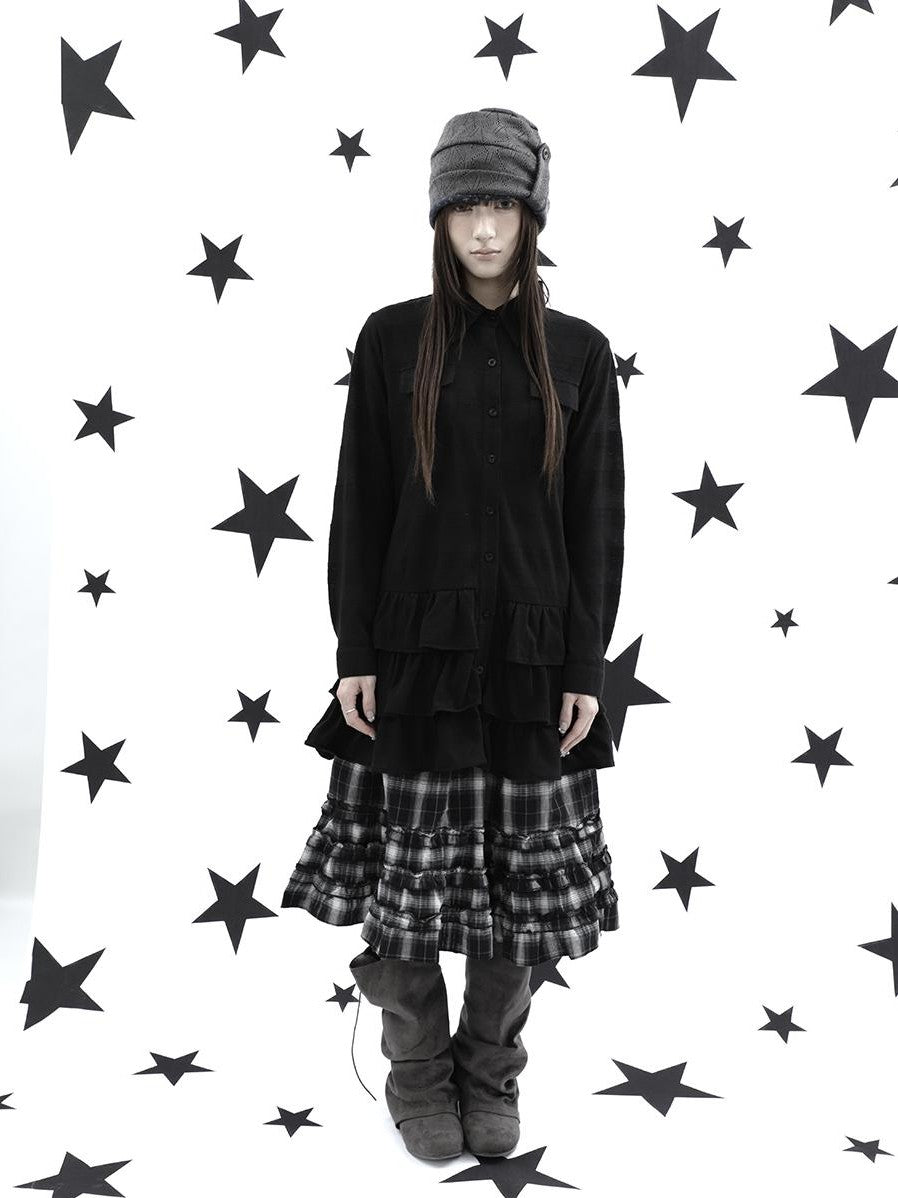 ang project Ruffle Tiered Hem Lapel Collar Mid Length Loose Long Sleeve Women&
