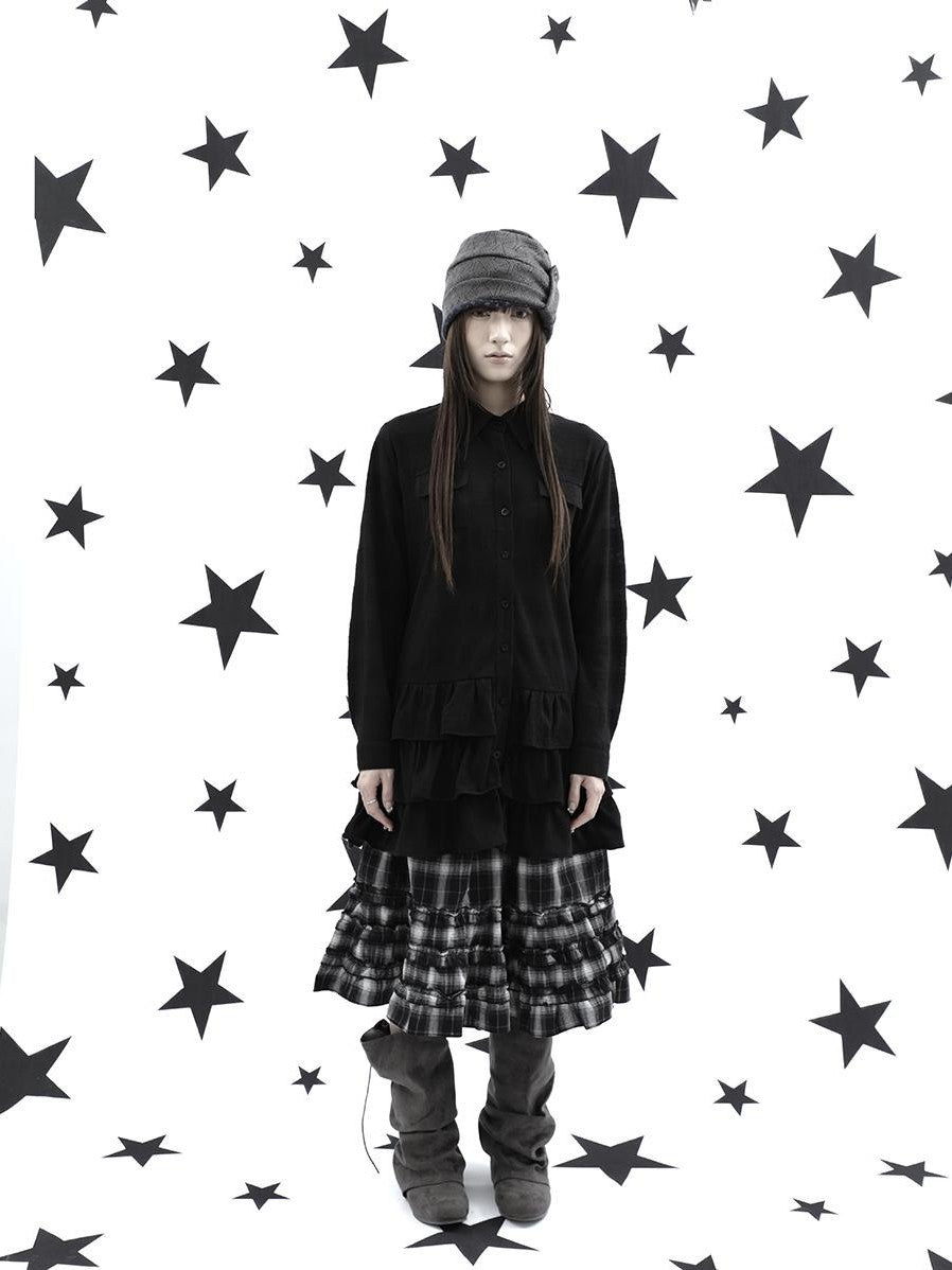 ang project Ruffle Tiered Hem Lapel Collar Mid Length Loose Long Sleeve Women&