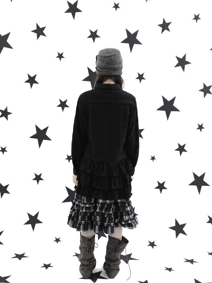 ang project Ruffle Tiered Hem Lapel Collar Mid Length Loose Long Sleeve Women&