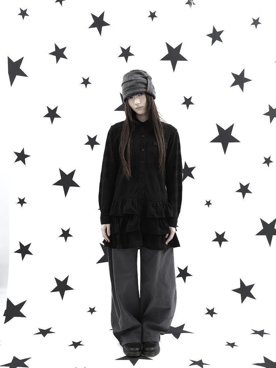 ang project Ruffle Tiered Hem Lapel Collar Mid Length Loose Long Sleeve Women&