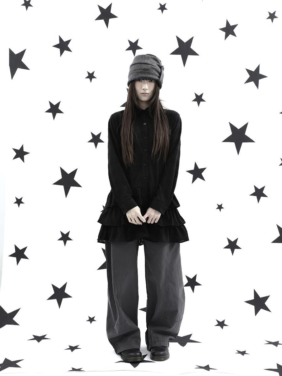 ang project Ruffle Tiered Hem Lapel Collar Mid Length Loose Long Sleeve Women&