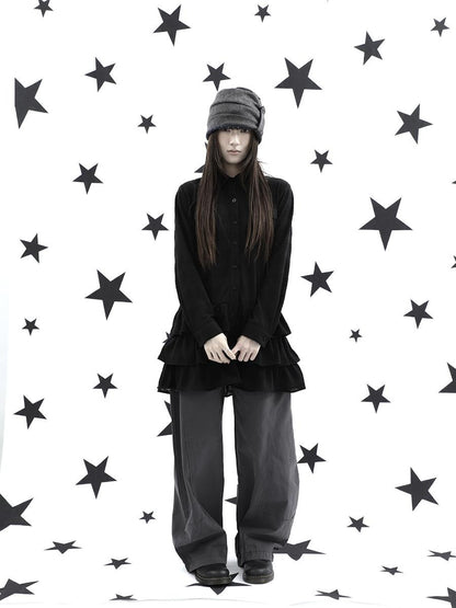 ang project Ruffle Tiered Hem Lapel Collar Mid Length Loose Long Sleeve Women&