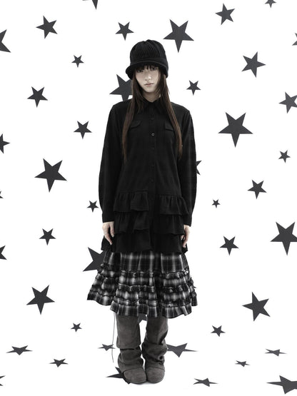 ang project Ruffle Tiered Hem Lapel Collar Mid Length Loose Long Sleeve Women&