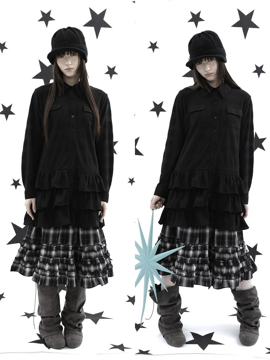 ang project Ruffle Tiered Hem Lapel Collar Mid Length Loose Long Sleeve Women&