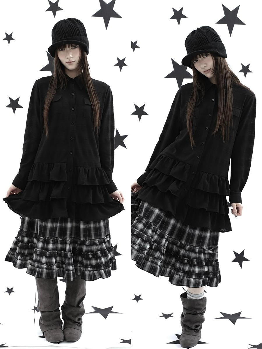 ang project Ruffle Tiered Hem Lapel Collar Mid Length Loose Long Sleeve Women&
