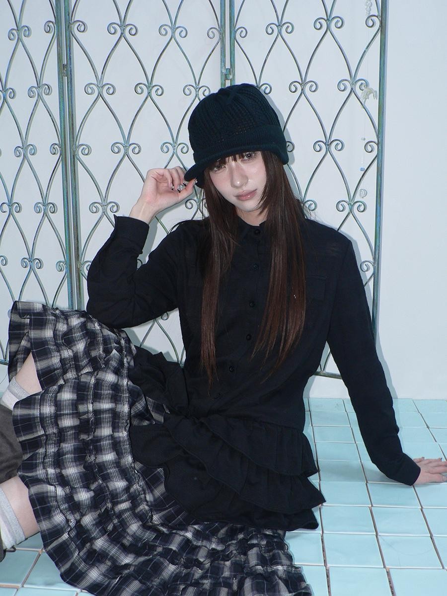 ang project Ruffle Tiered Hem Lapel Collar Mid Length Loose Long Sleeve Women&