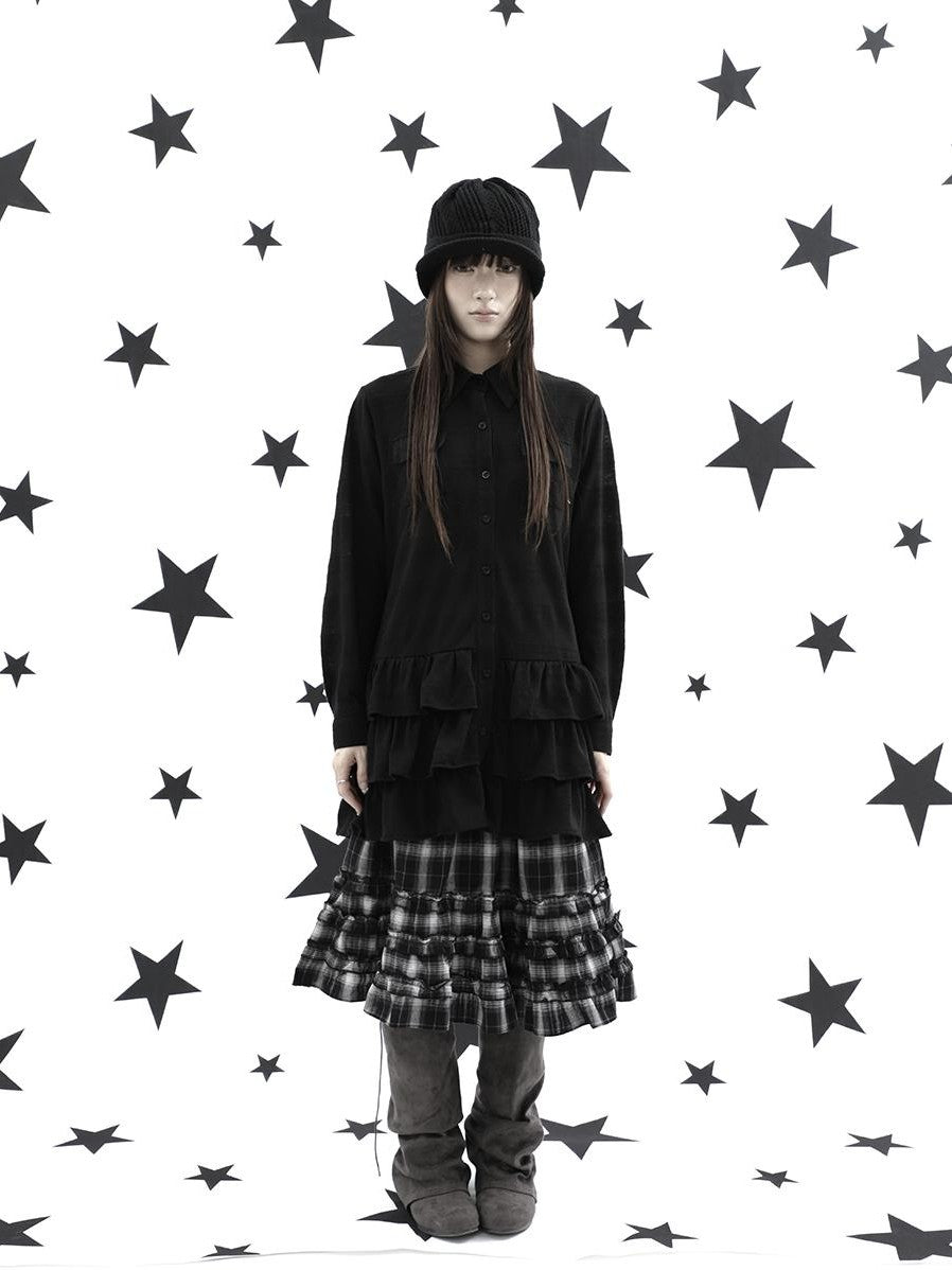 ang project Ruffle Tiered Hem Lapel Collar Mid Length Loose Long Sleeve Women&