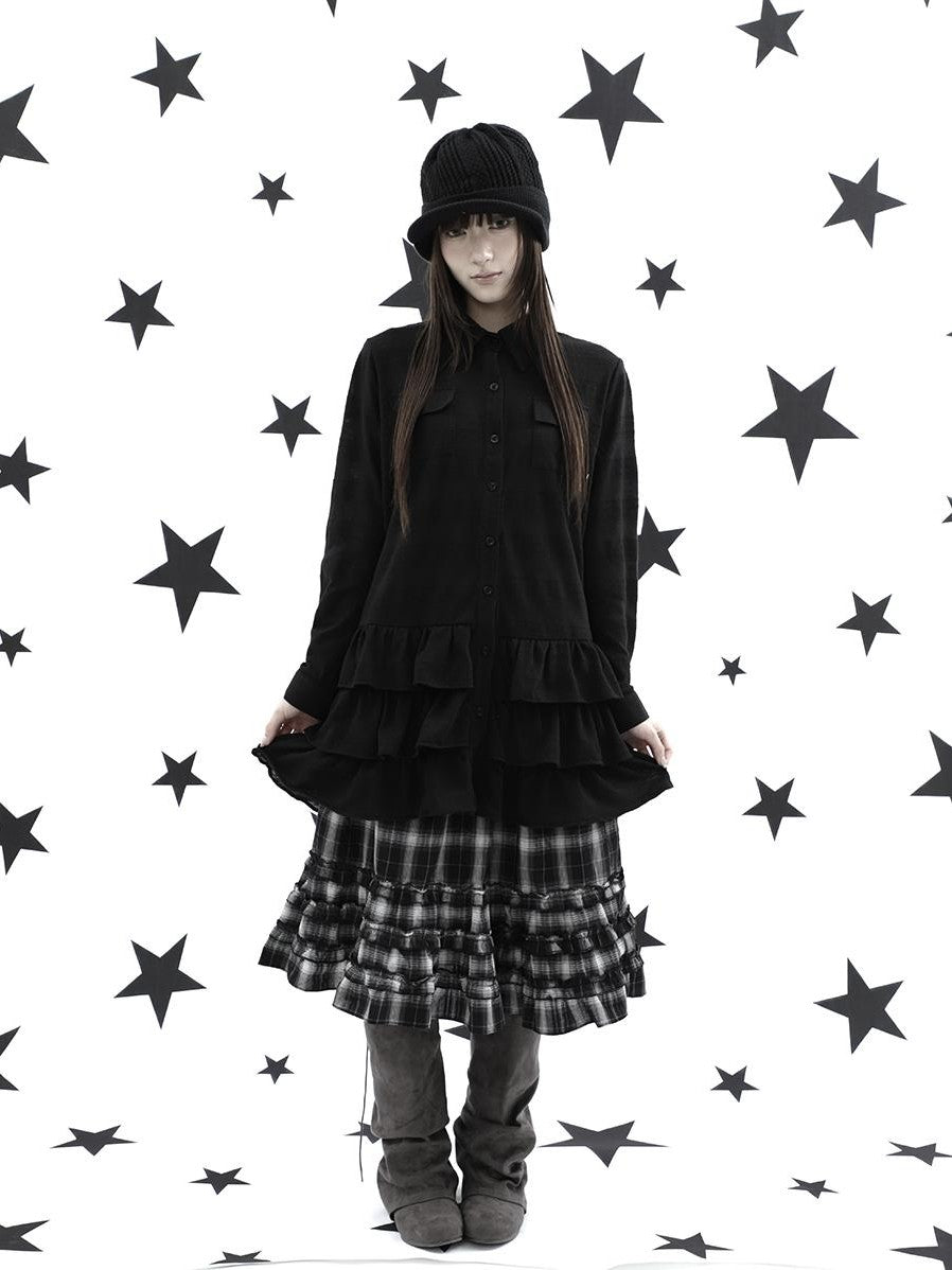 ang project Ruffle Tiered Hem Lapel Collar Mid Length Loose Long Sleeve Women&