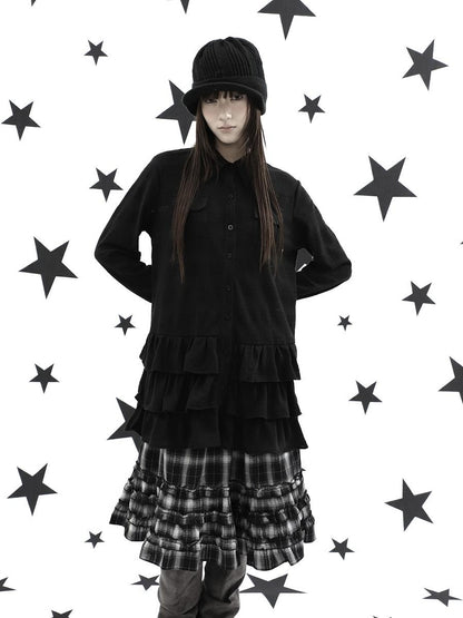 ang project Ruffle Tiered Hem Lapel Collar Mid Length Loose Long Sleeve Women&