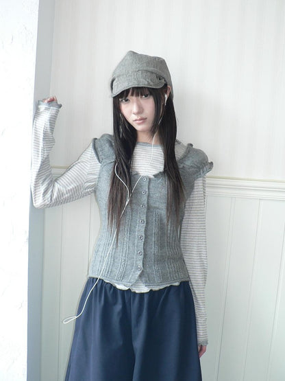 ang project Ruffle Trim Single Breasted Puff Sleeve Cropped Knit Women&