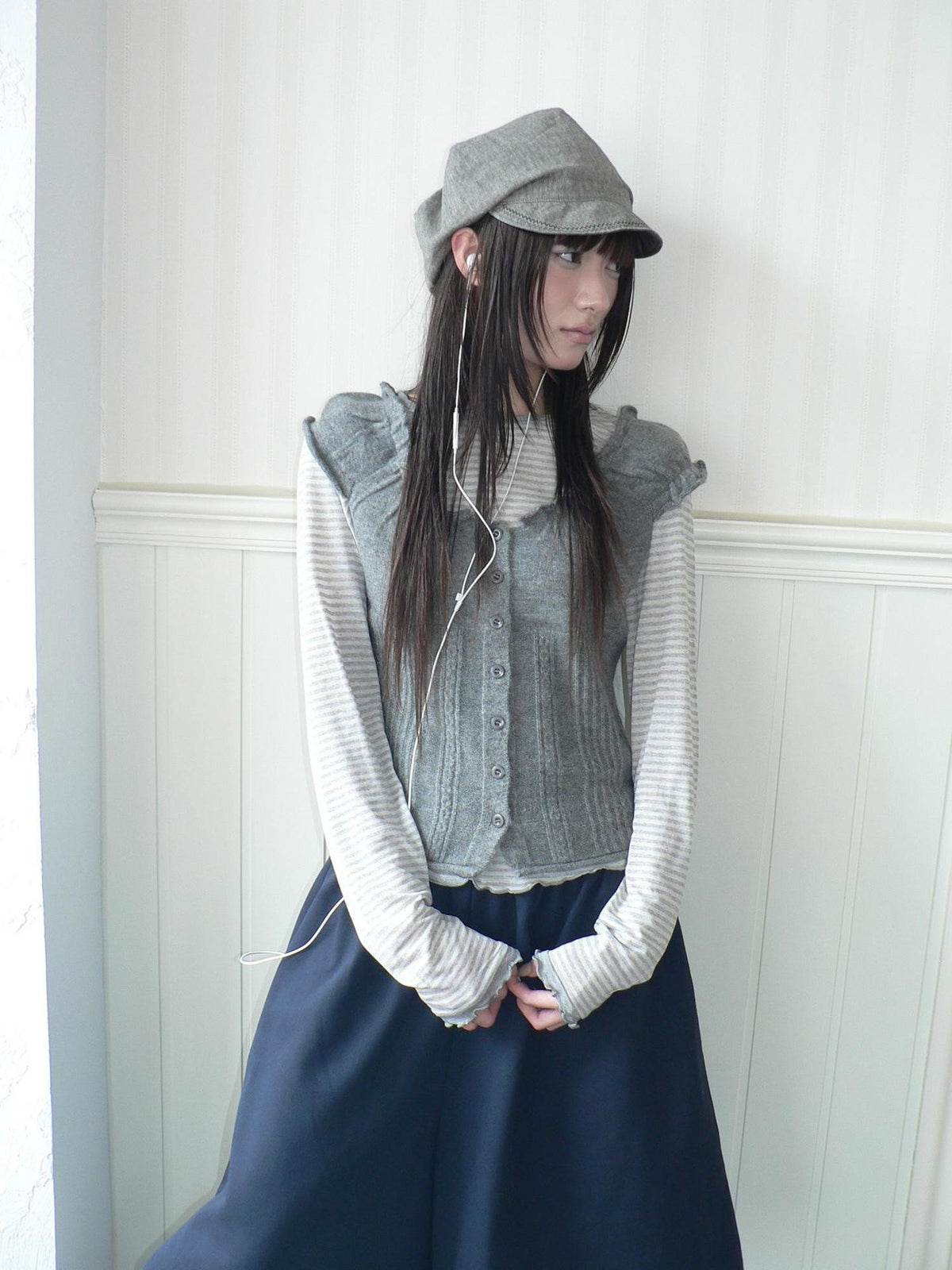 ang project Ruffle Trim Single Breasted Puff Sleeve Cropped Knit Women&