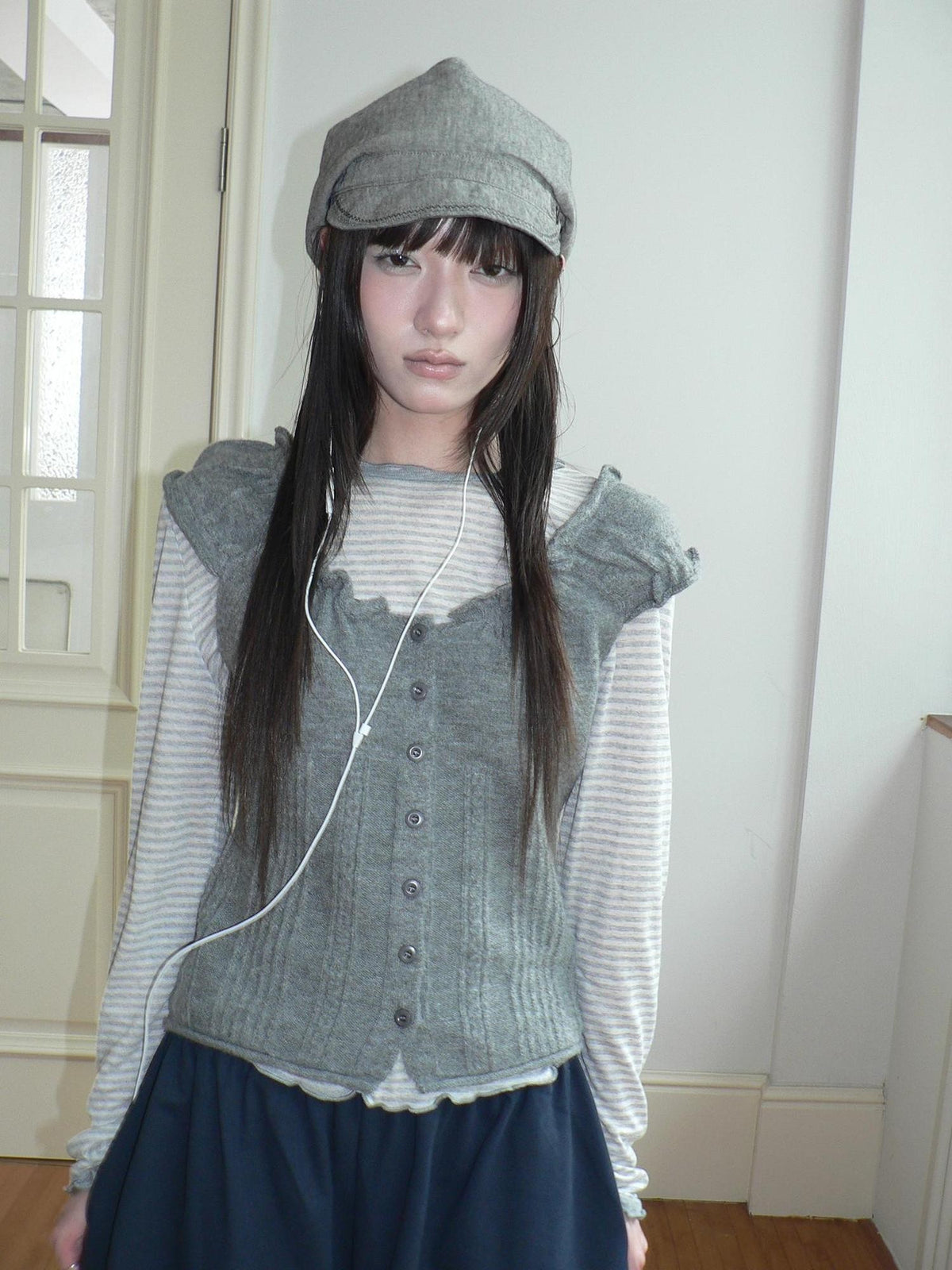 ang project Ruffle Trim Single Breasted Puff Sleeve Cropped Knit Women&