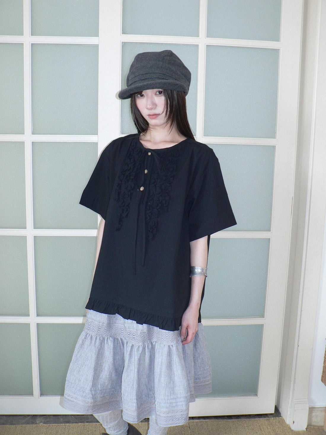 ang project Ruffle Trim Tie Button Pleated Solid Women&